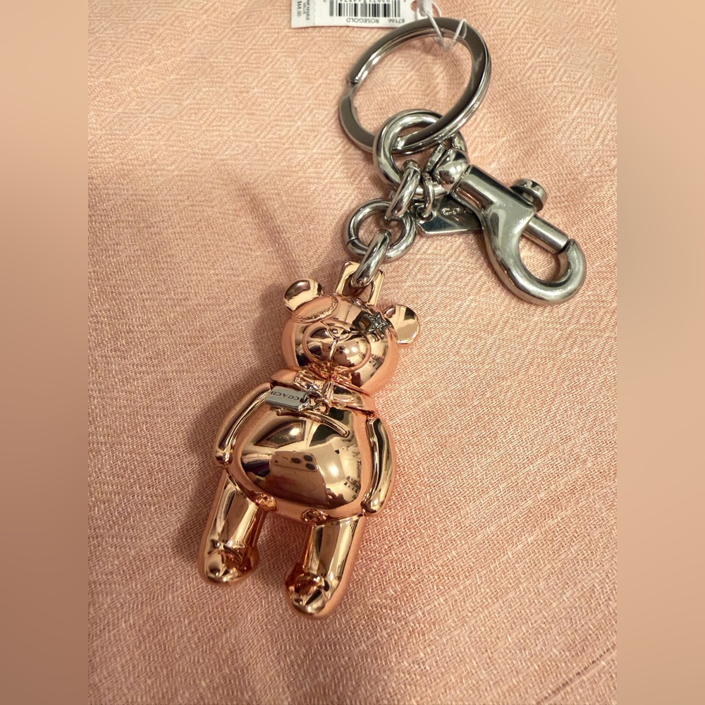 COACH 3D Teddy Bear Bag Charm ~ Key Chain Ring Rose Gold Tone 87166 NWT